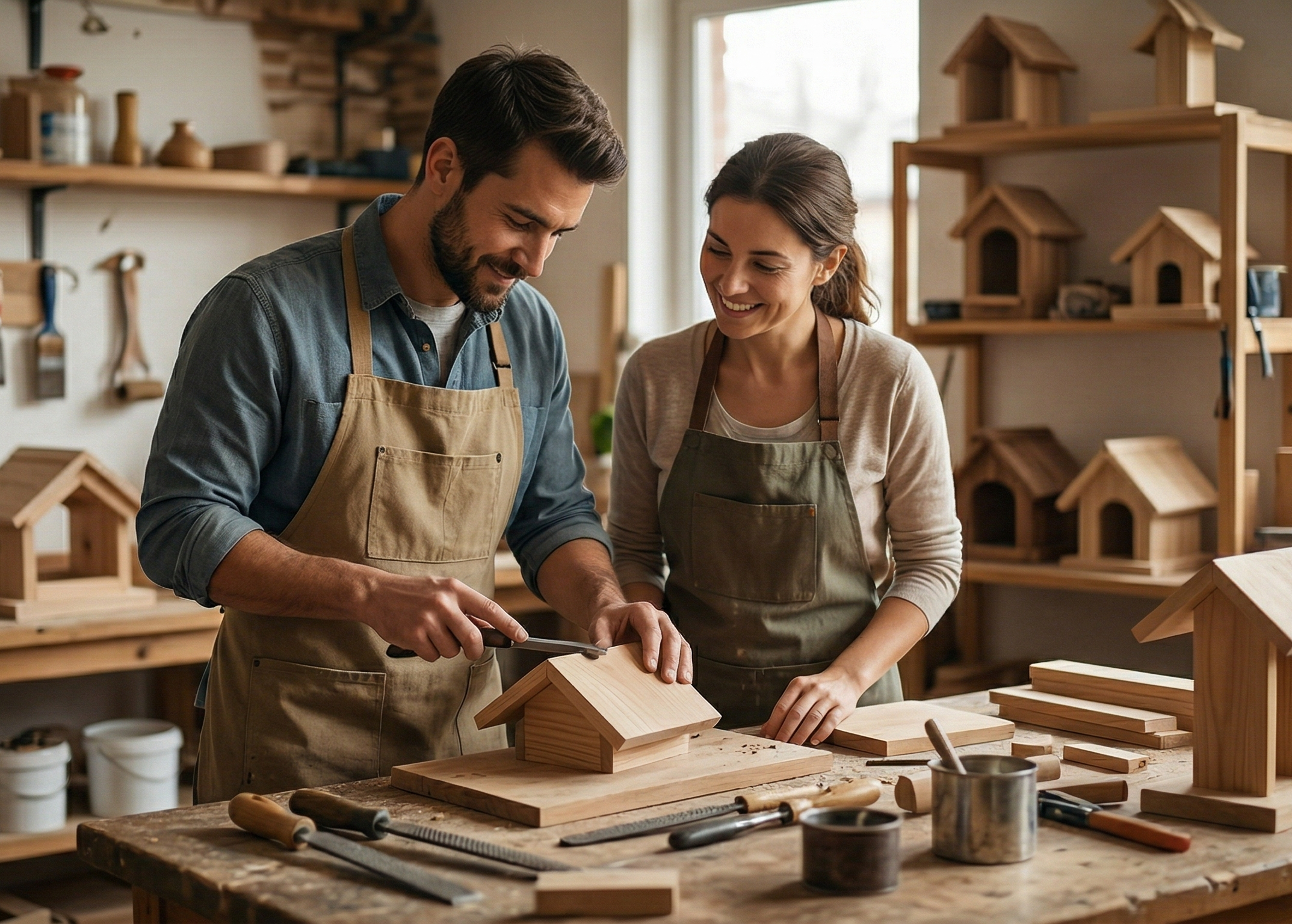 Couple woodworking in workshop